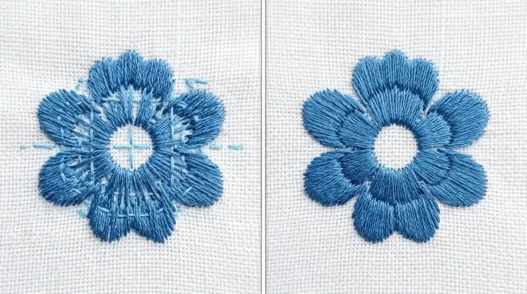 embroidery underlay causing bulk and stiffness vs clean flat result