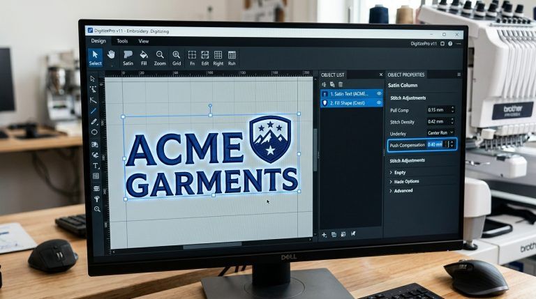 A computer monitor showing professional embroidery digitizing software with an ACME Garments logo design.