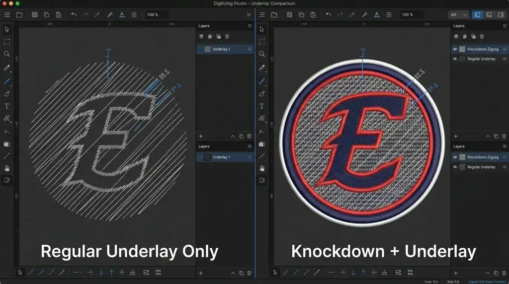 knockdown stitch versus underlay stitch comparison embroidery digitizing