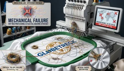 Commercial embroidery machine mechanical failure with birdnesting thread mess.