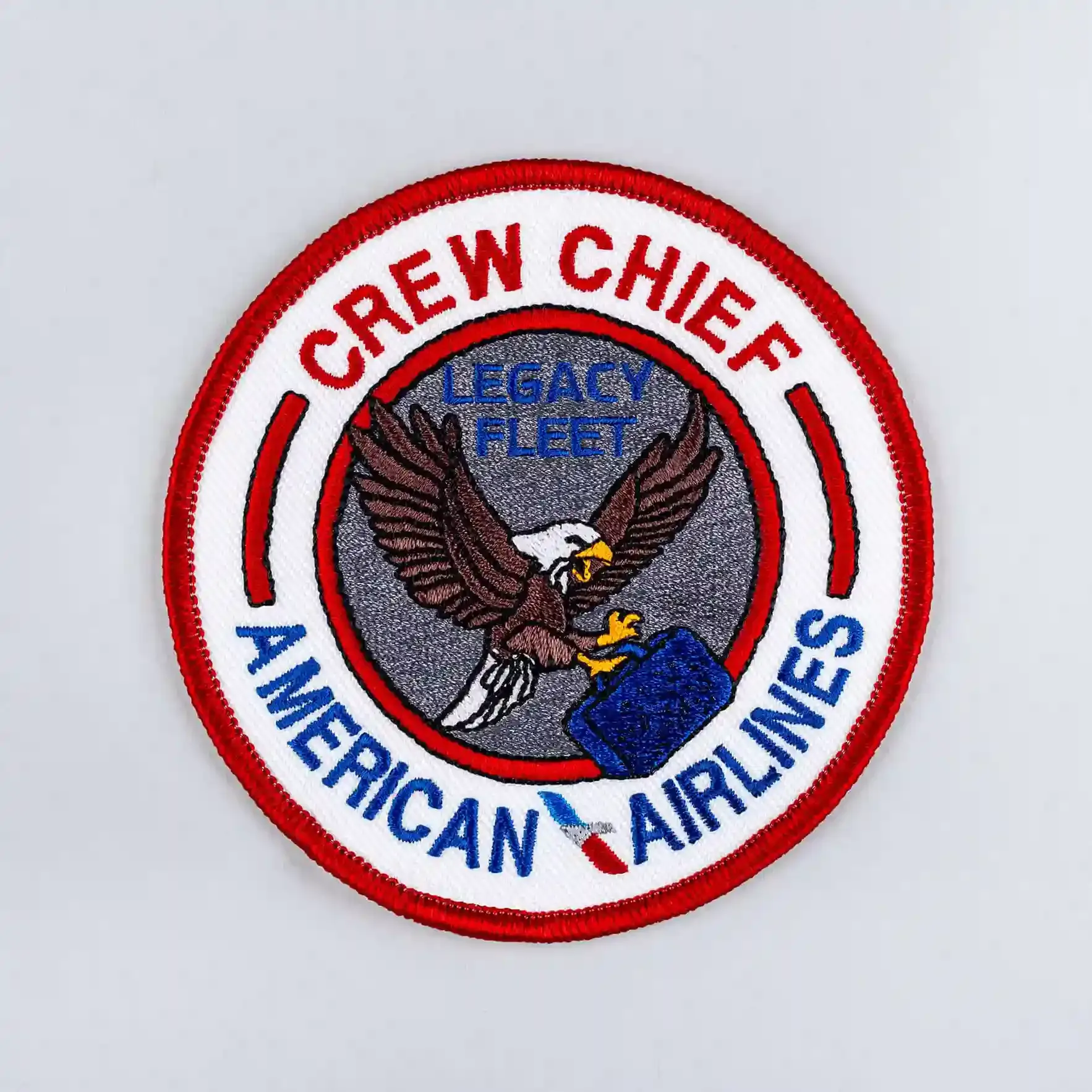American Airlines Legacy Fleet Crew Chief circular patch digitizing, featuring a detailed eagle and merrowed border by Sassy Digitizing.