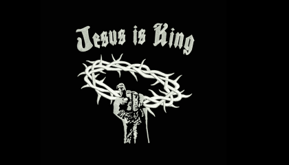 Final digitized Jesus is King logo with a hand holding a crown of thorns.