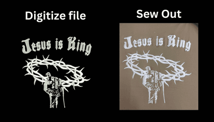 Side-by-side comparison of a digitized embroidery file vs the actual machine sew out.