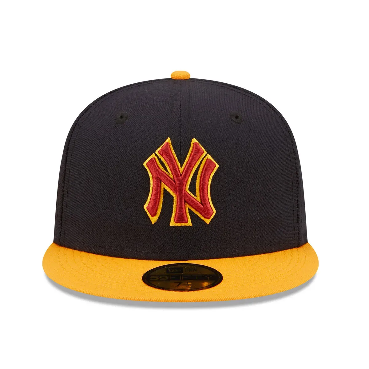 NY logo digitized in red 3D puff with yellow outline on a navy blue and gold New Era style cap by Sassy Digitizing.