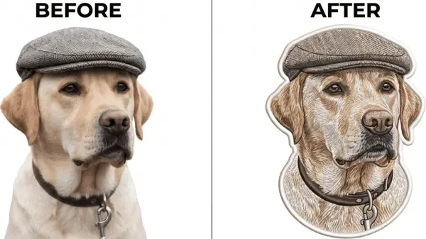 Before and after comparison of a yellow Labrador wearing a flat cap converted into realistic embroidery digitizing with detailed fur and collar