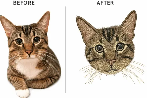 Before and after comparison of a tabby cat photo converted into realistic embroidery digitizing with detailed fur shading and whiskers